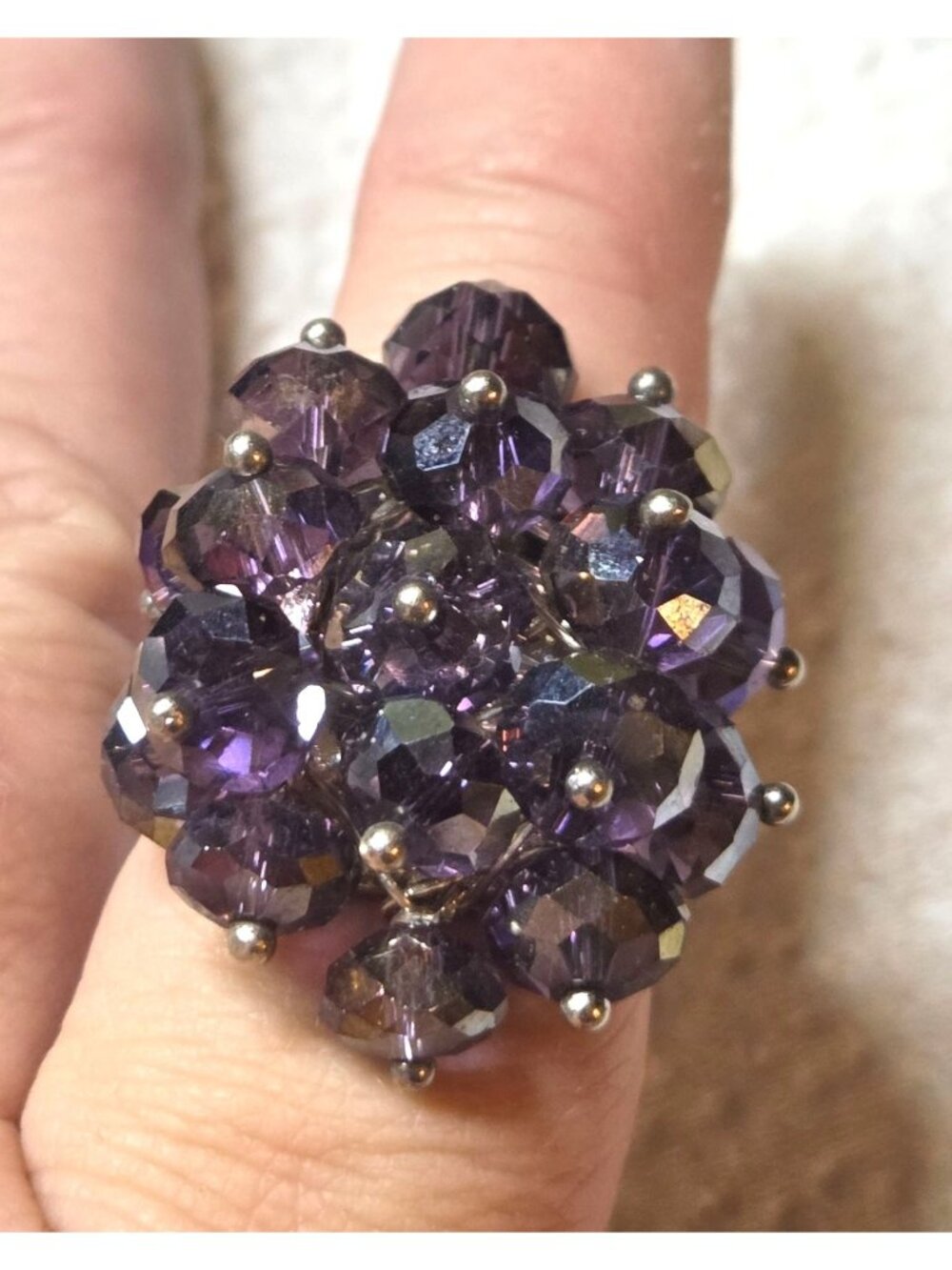 Silver Tone   Aurora Borealis Purple Bead Adjustable Ring
